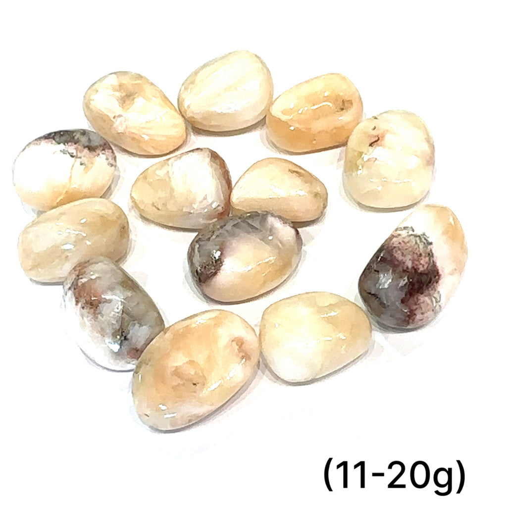 Stilbite Tumbled Gemstone grouping (11-20g) on white overview