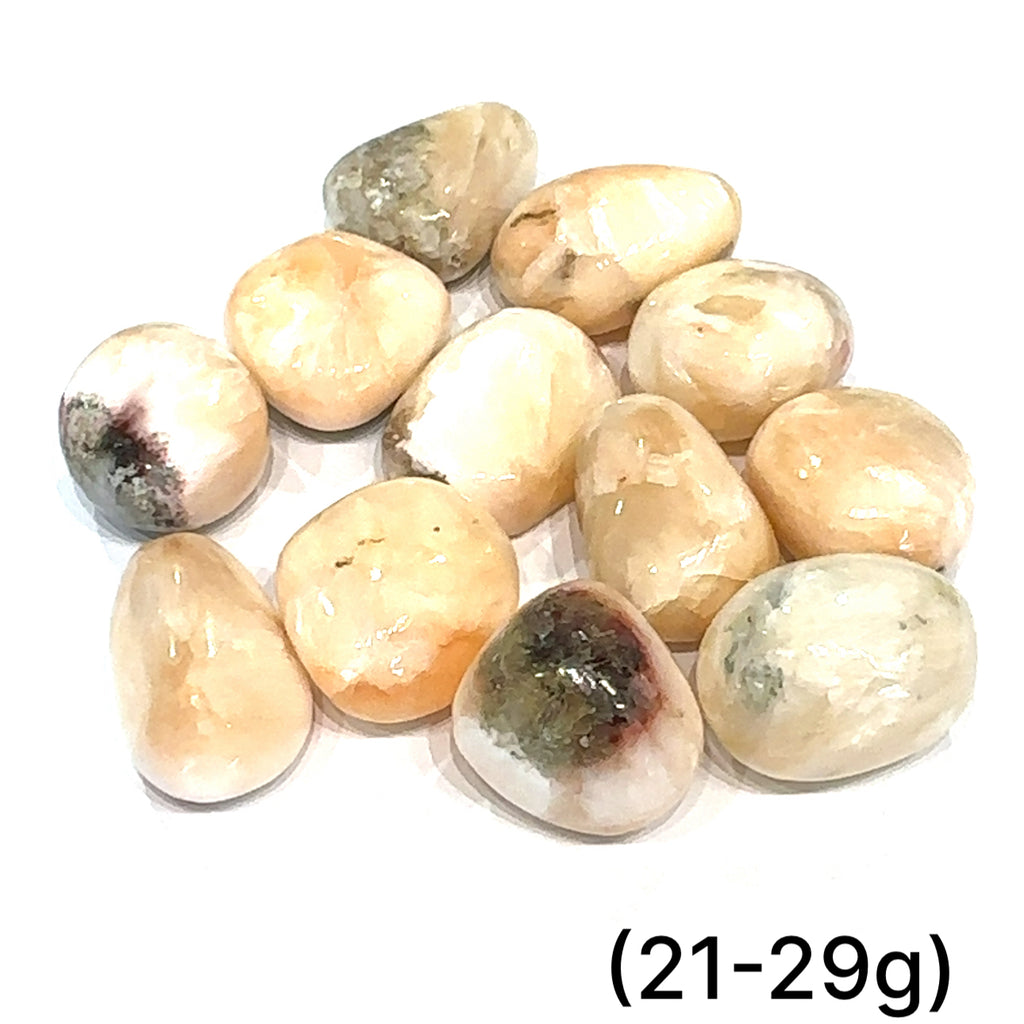 Stilbite Tumbled Gemstone grouping (21-29g) on white overview