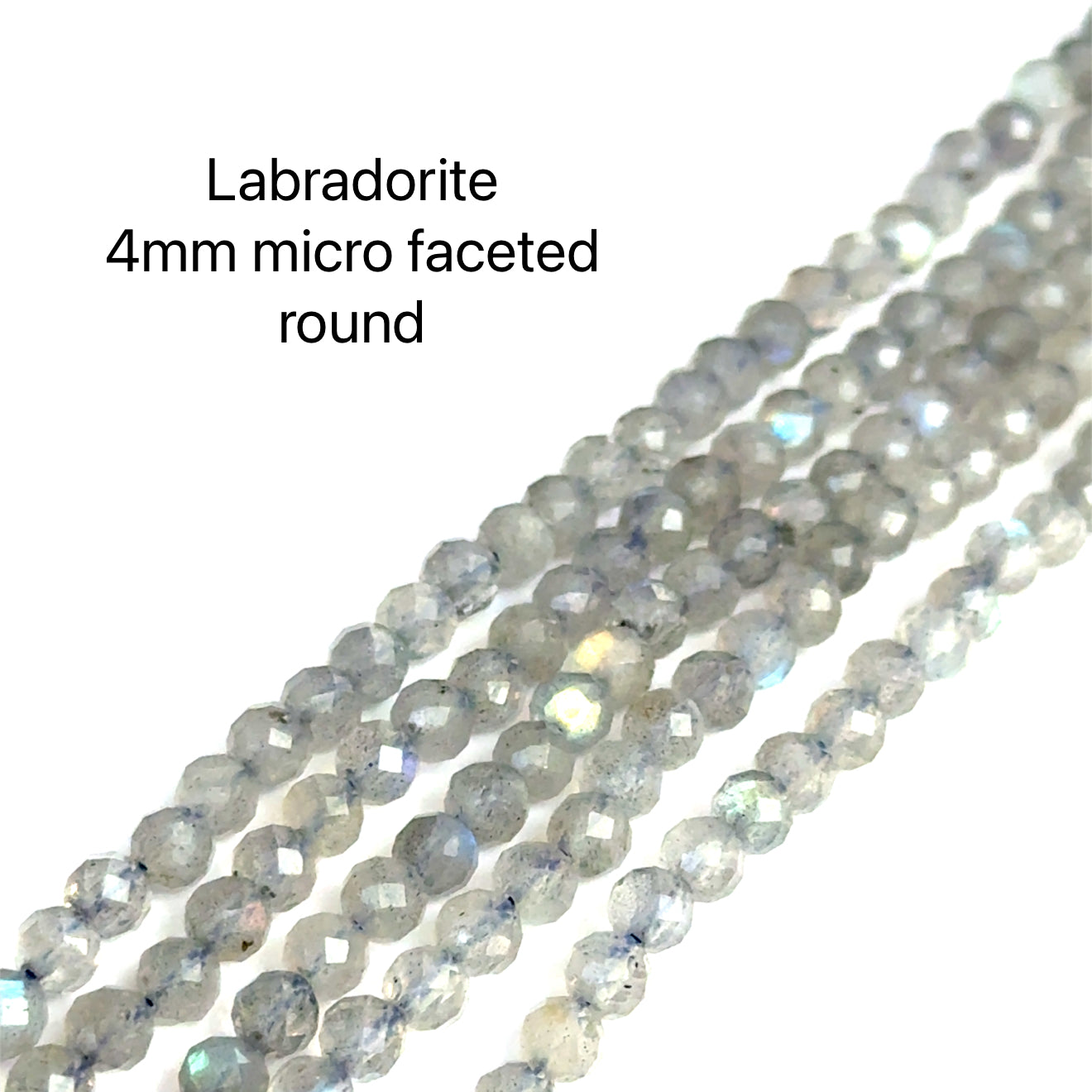 Strand of Labradorite 4mm micro faceted round beads on a white background, front overview. 