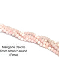 Strand of Mangano Calcite beads labeled '6mm smooth round (Peru)' on a white background, front view.