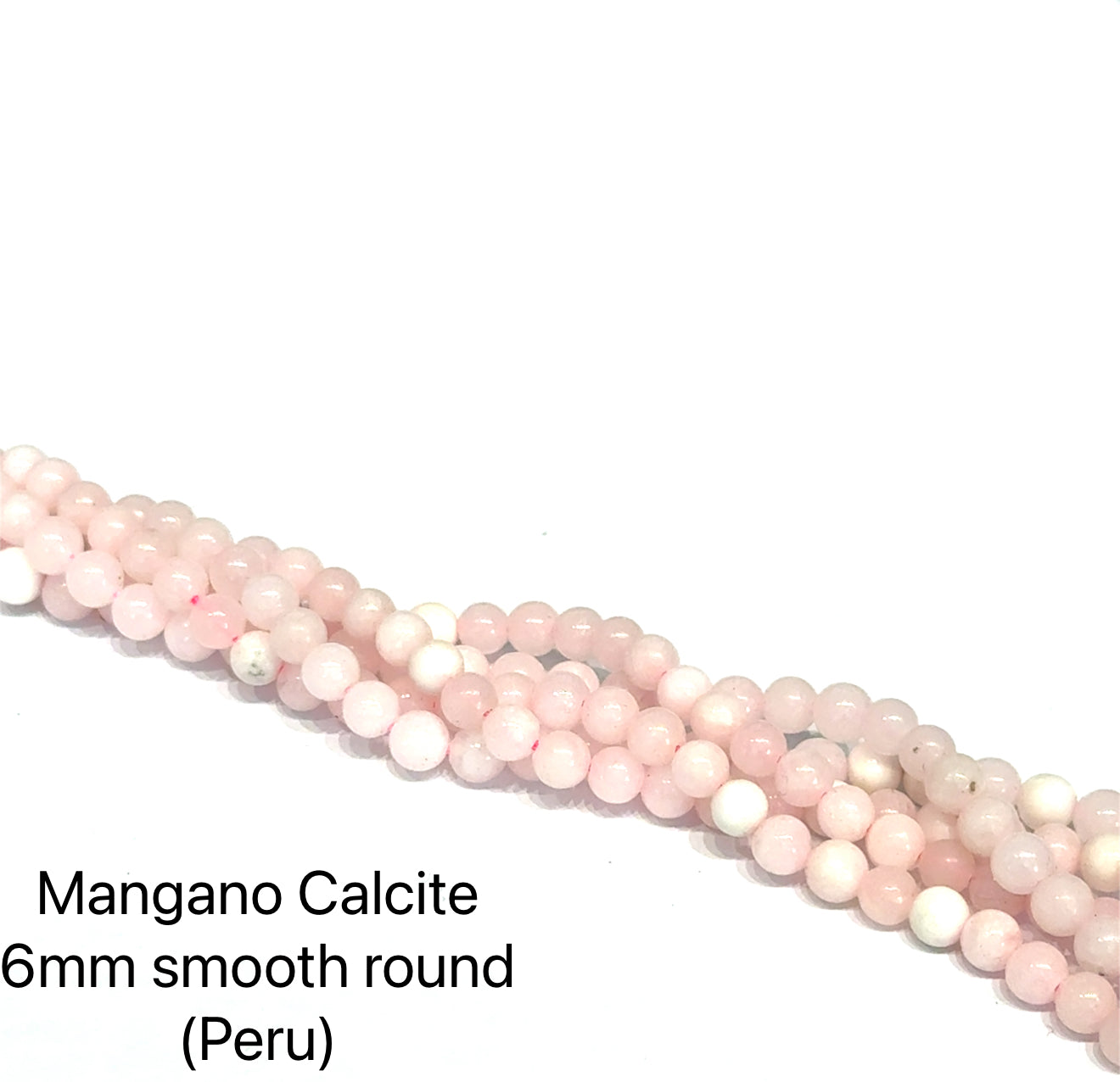 Strand of Mangano Calcite beads labeled '6mm smooth round (Peru)' on a white background, front view.