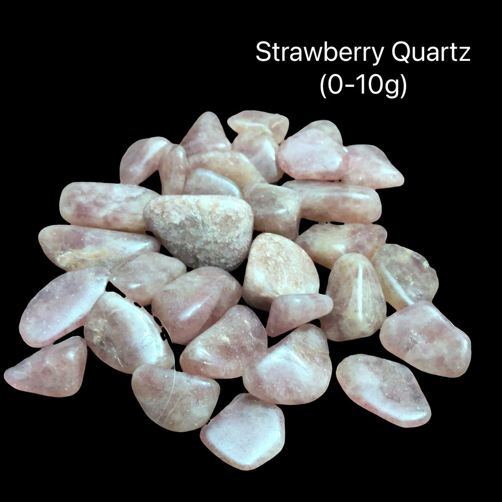 Strawberry Quartz stones on a black background with text indicating weight range (0-10g), front view.