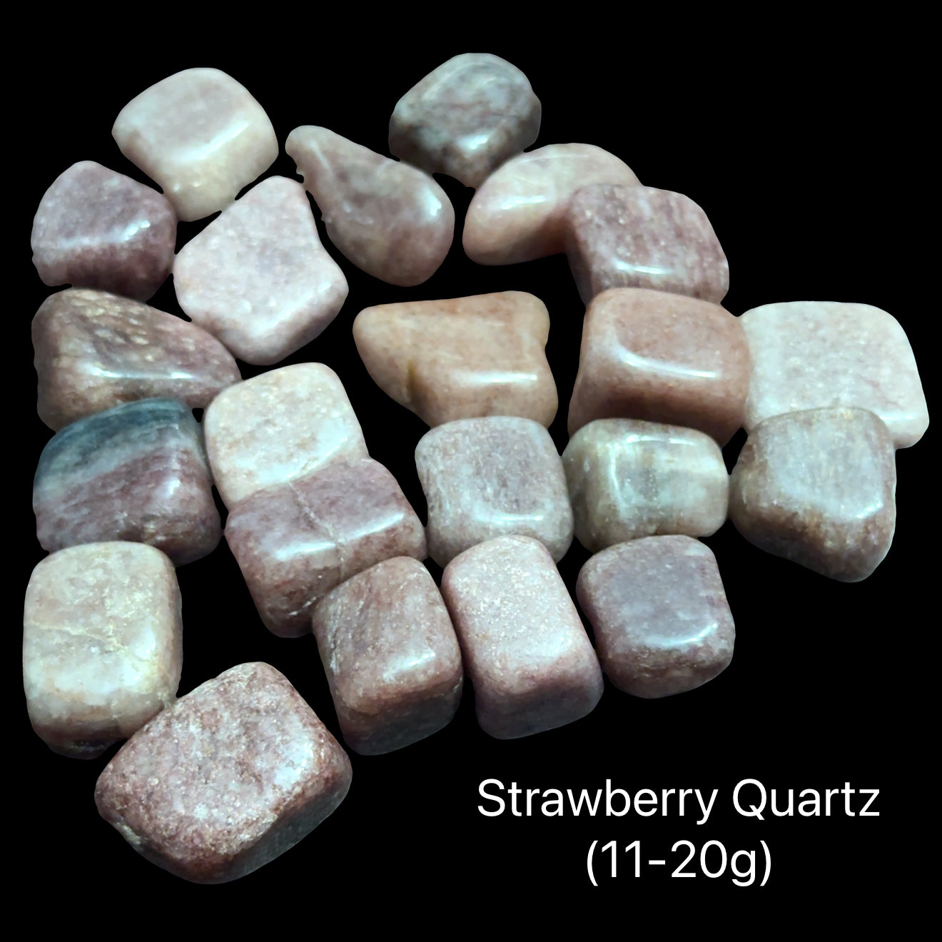 Strawberry Quartz stones on a black background with text indicating weight range (11-20g), front view.