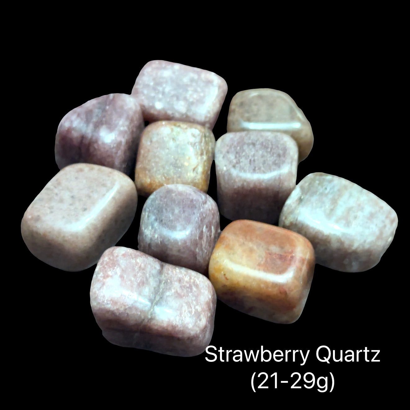 Strawberry Quartz stones on a black background with text indicating weight range (21-29g), front view.