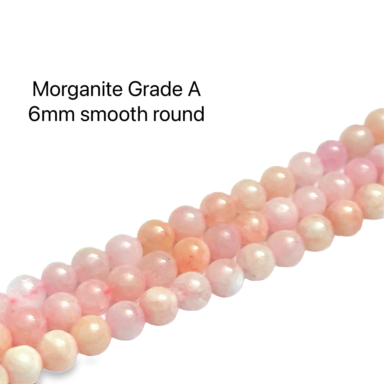 String of pink and white beads labeled 'Morganite Grade A 6mm smooth round' on a white background, front view.
