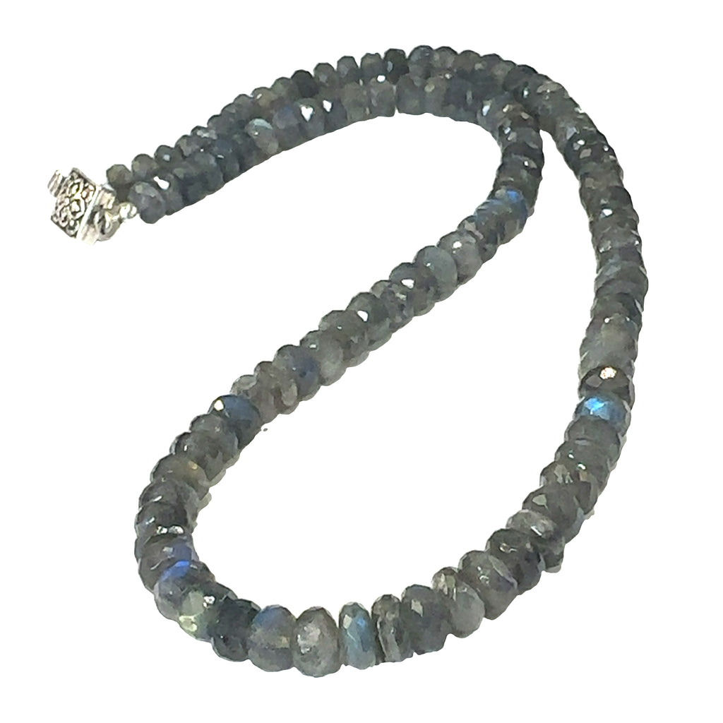 Stunning 7mm faceted Labradorite gemstone beaded necklace with sterling silver box clasp, 18.25 inches on white center overview