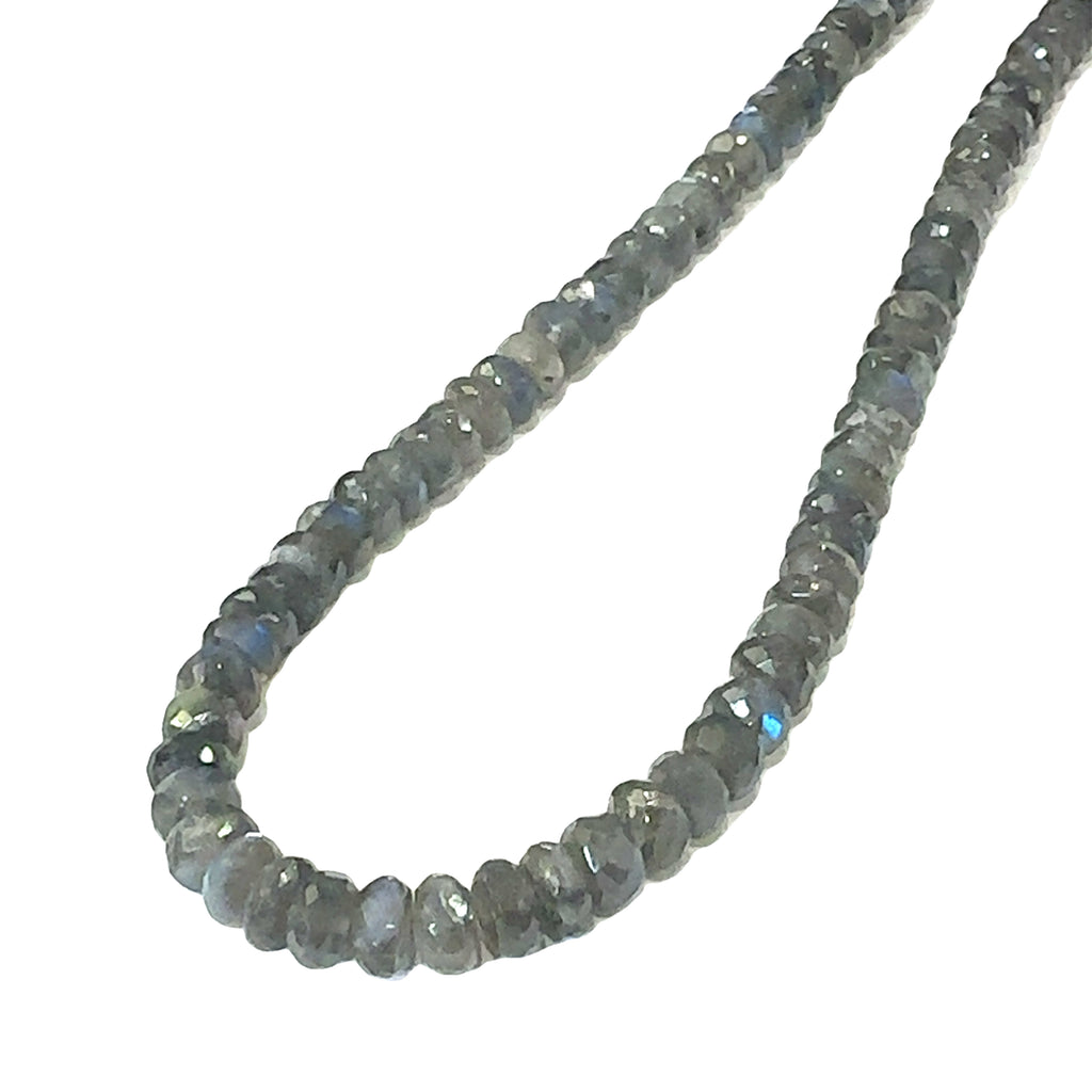 Stunning 7mm faceted Labradorite gemstone beaded necklace with sterling silver box clasp, 18.25 inches on white long overview