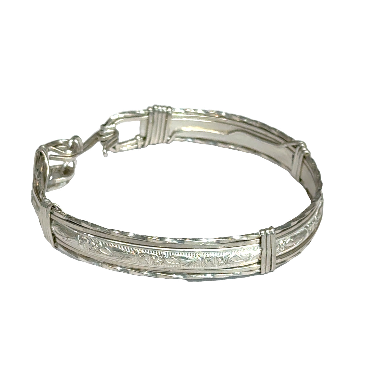 Style #3 Sterling silver bangle with twisted and straight wire featuring line-designed centerpiece showing elegant classic design, on a white background, front right angle view. 