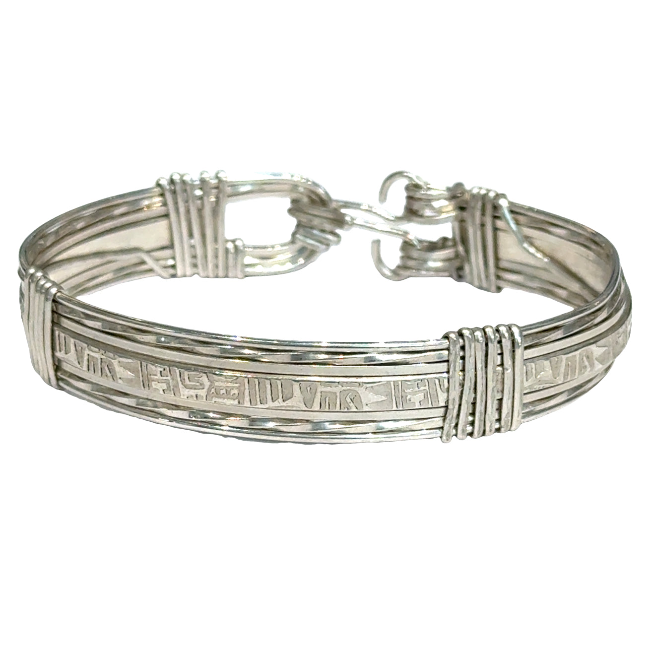 Style #3 Sterling silver bangle with twisted and straight wire featuring line-designed centerpiece showing elegant classic design, on a white background, front view. 
