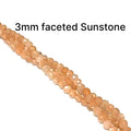 Sunstone 3mm faceted round gemstone strand on a white background, front overview. 