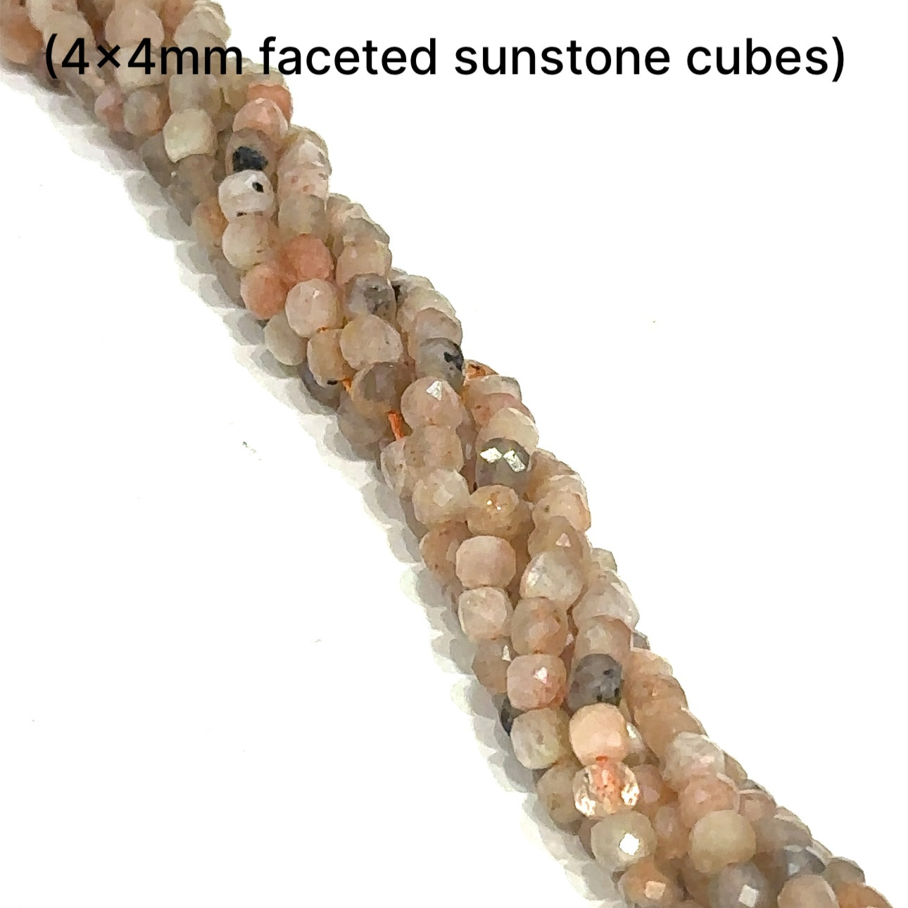 Sunstone 4x4mm faceted cubes gemstone strand on a white background, front overview. 