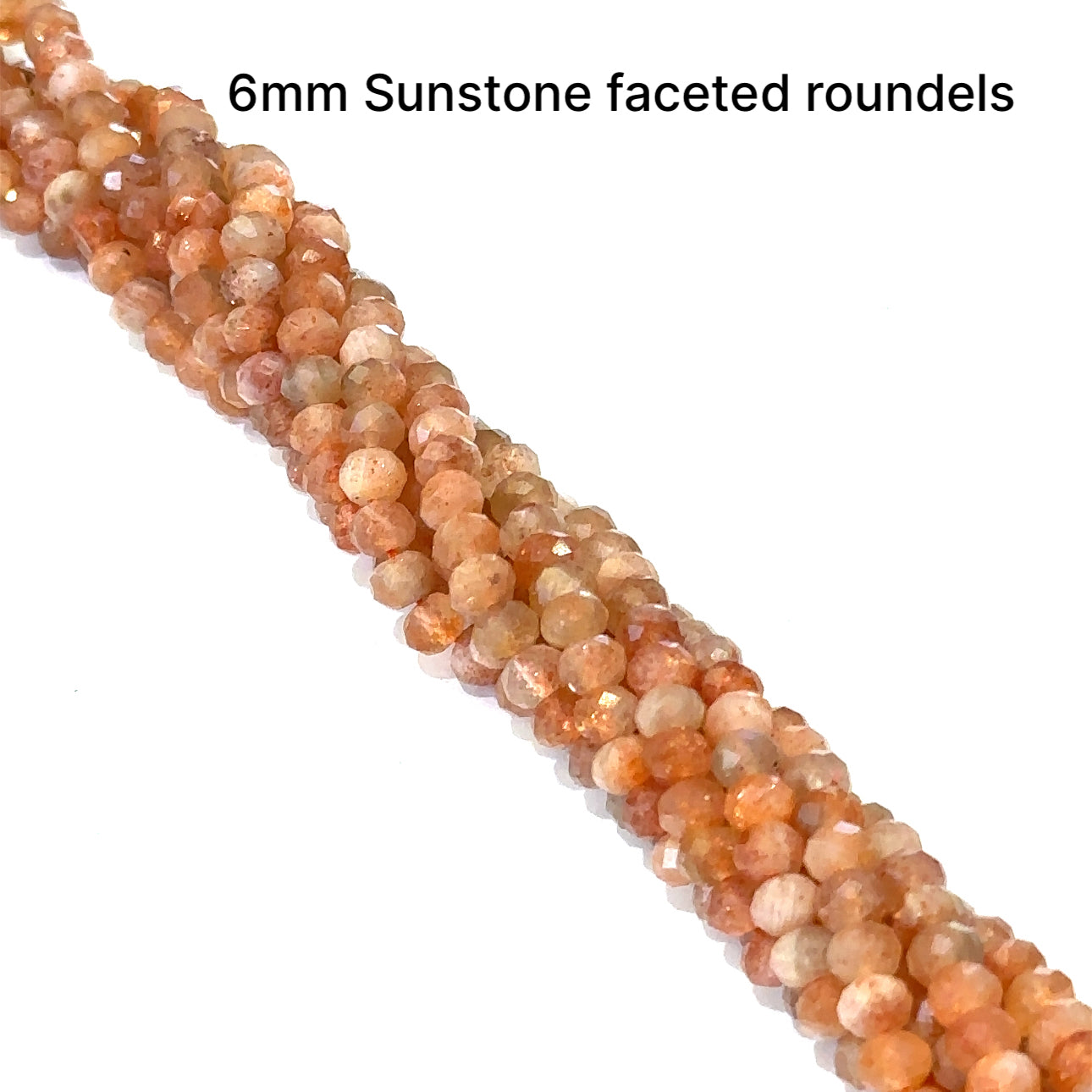 Sunstone 6mm faceted roundels gemstone strand on a white background, front overview. 