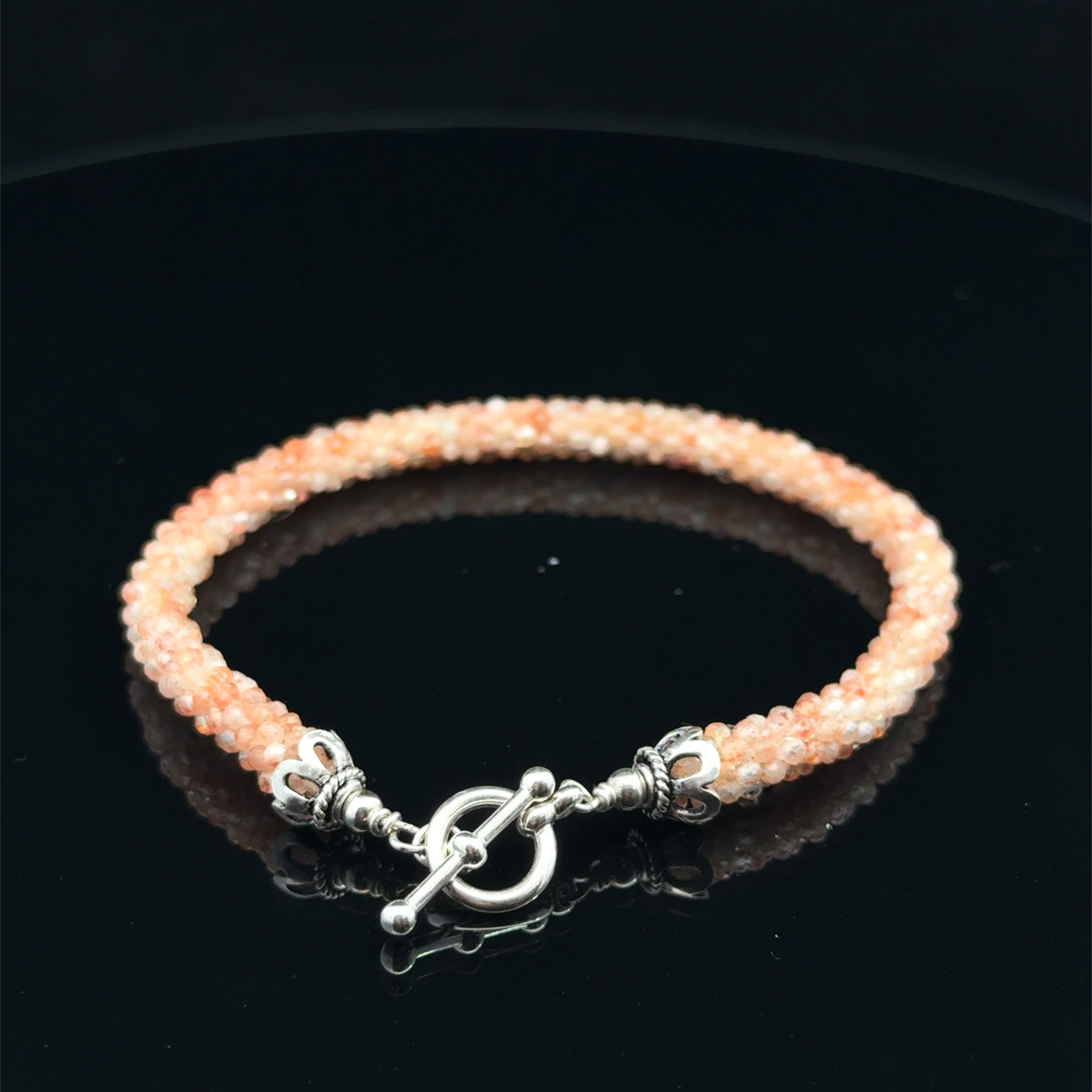 Sunstone Crocheted Gemstone Bracelet on Black back view 