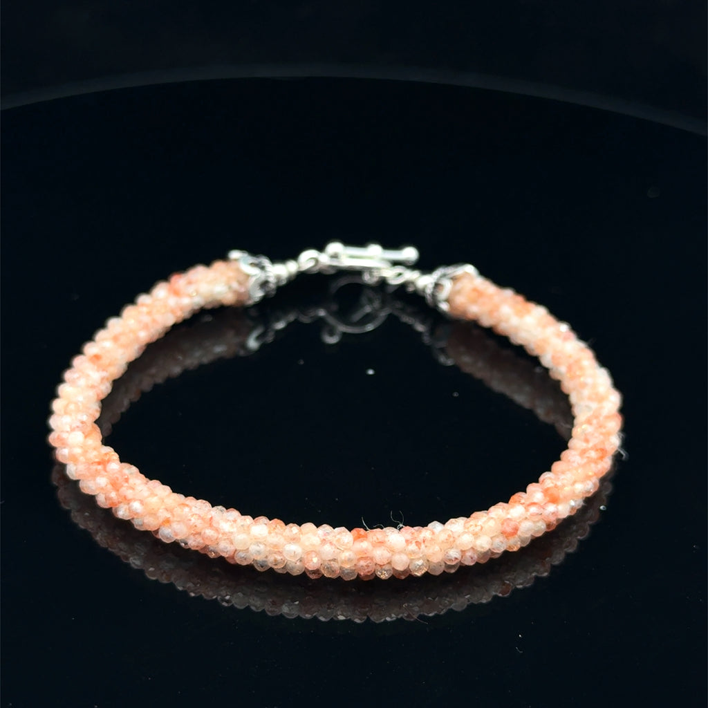 Sunstone Crocheted Gemstone Bracelet on Black front view 