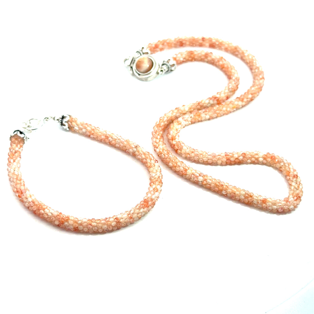 Sunstone Crocheted Gemstone Bracelet on white front view with matching necklace