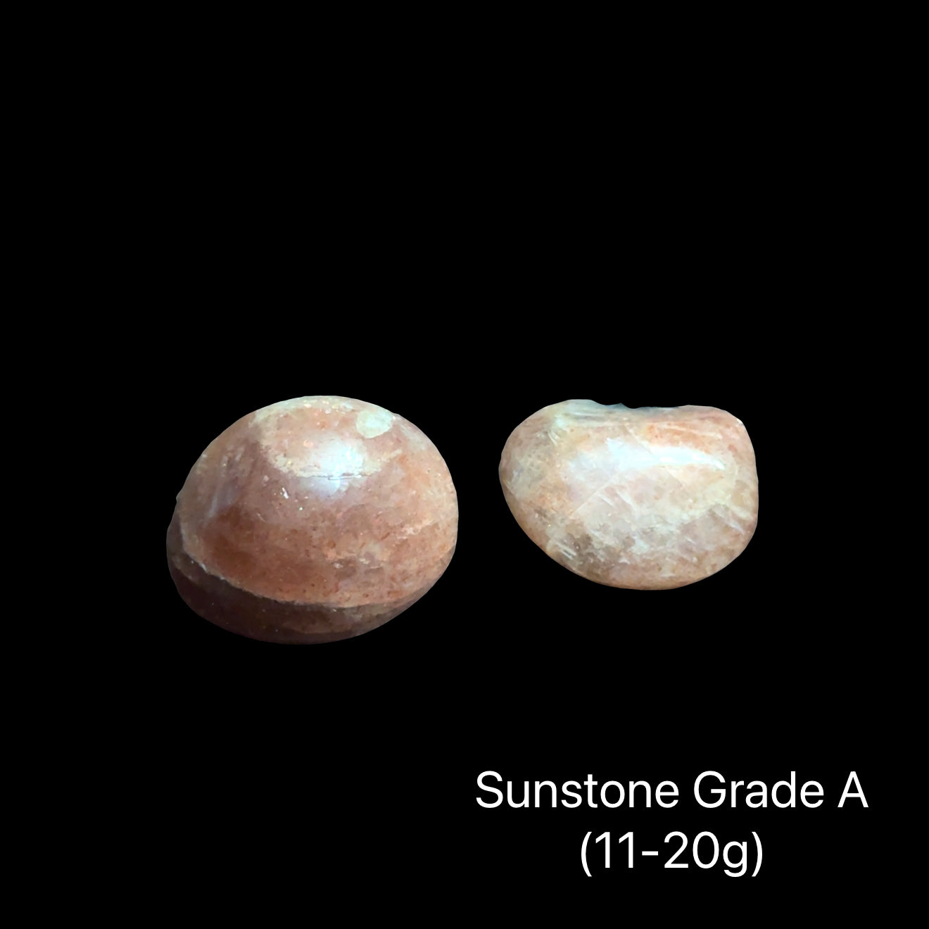 Sunstone Grade A stones on a black background with text indicating weight range (11-20g), front View.