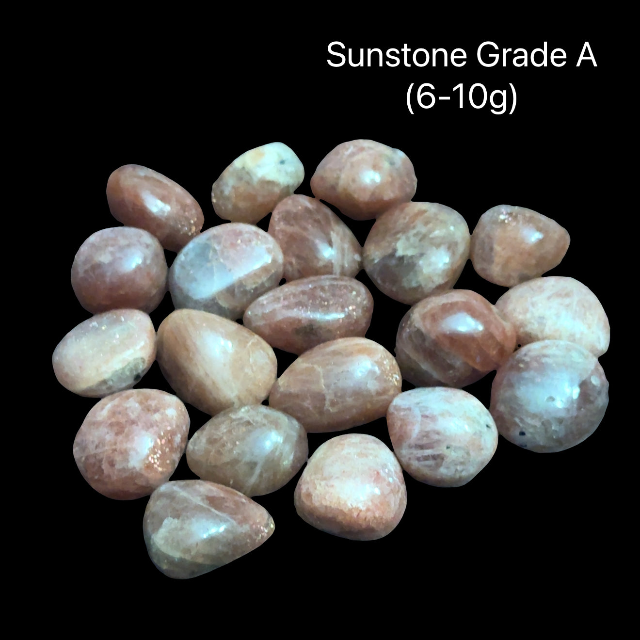 Sunstone Grade A stones on a black background with text indicating weight range (6-10g), front View.