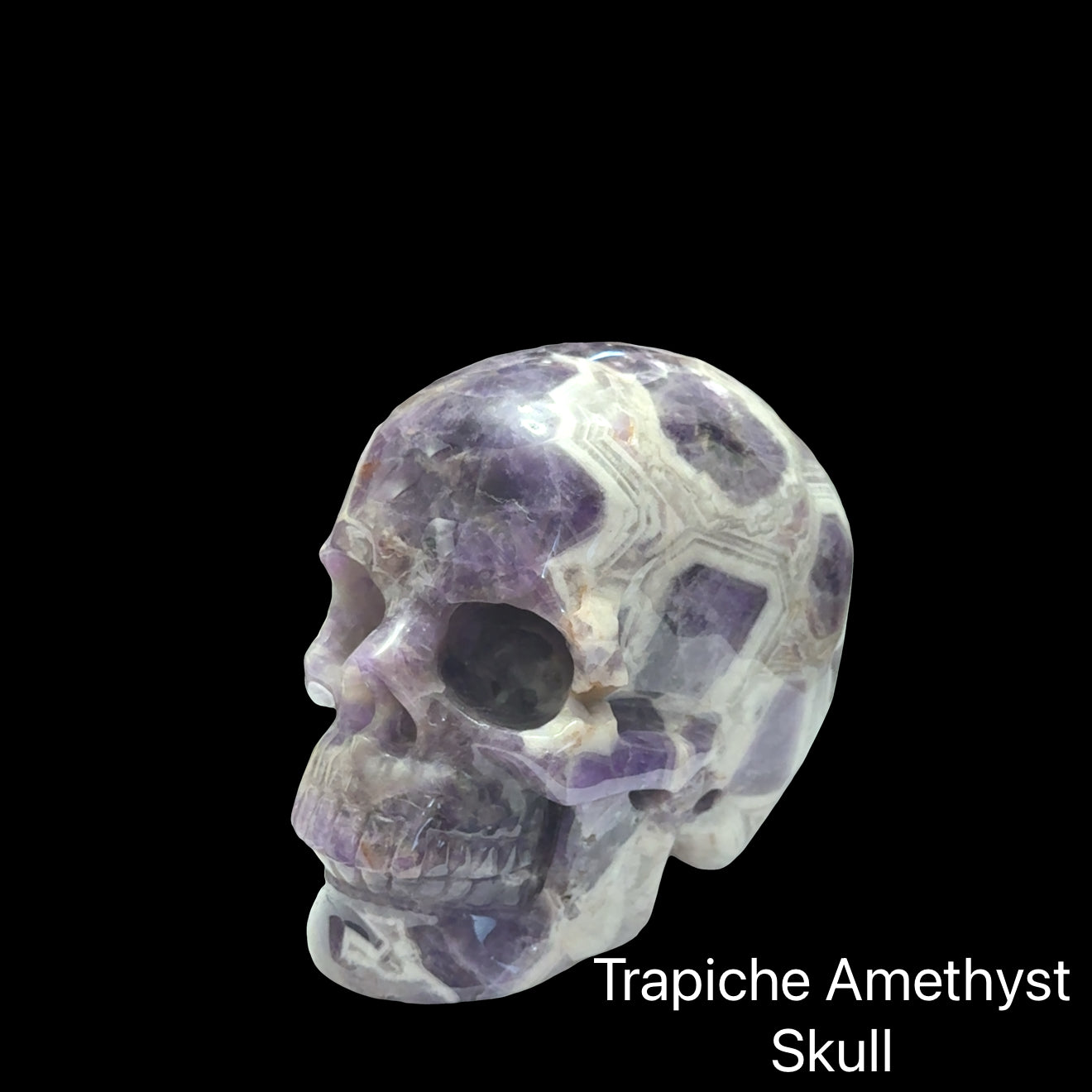 The larger of the two Trapiche Amethyst Gemstone carved skull on a black background, left angled, front view. 