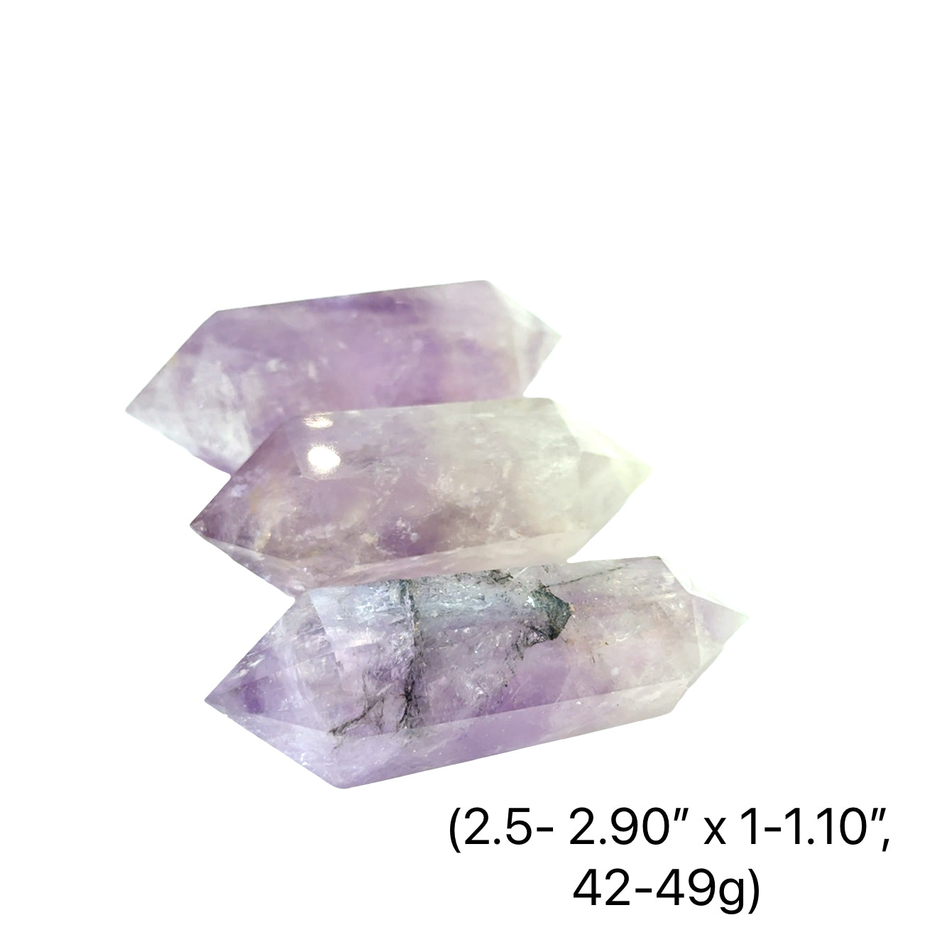 Three Amethyst double terminated stone showing violet facets and natural geometry, on a white background, front overview (2.5-2.90'' x 1-1.10'', 42-49g)