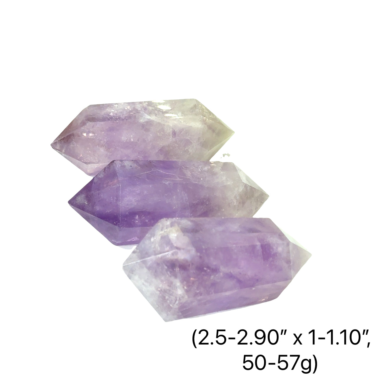 Three Amethyst double terminated stone showing violet facets and natural geometry, on a white background, front overview (2.5-2.90'' x 1-1.10'', 50-57g)