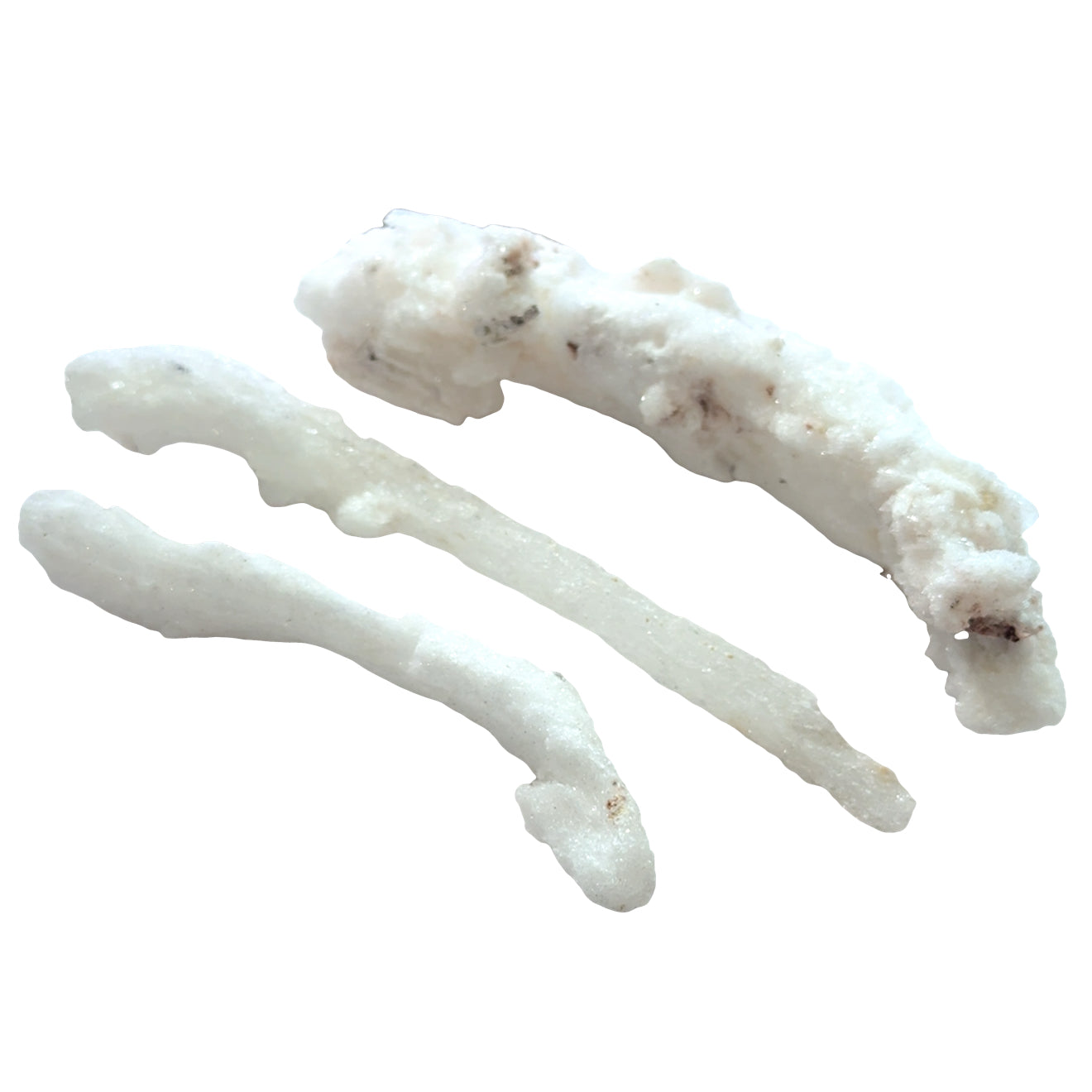 Three Curved selenite crystal wand for energy clearing and meditation on a white background, front overview. 