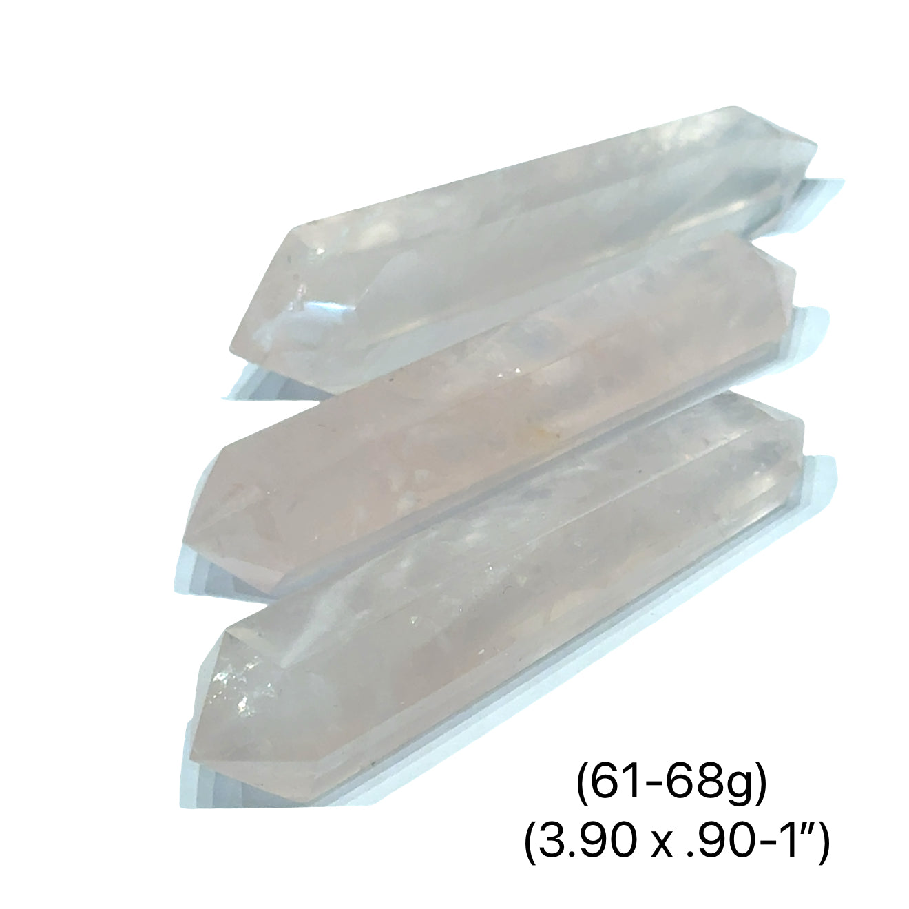 Three Natural pink rose quartz double terminated crystal point for heart healing, on a white background, front view. (61-68g)