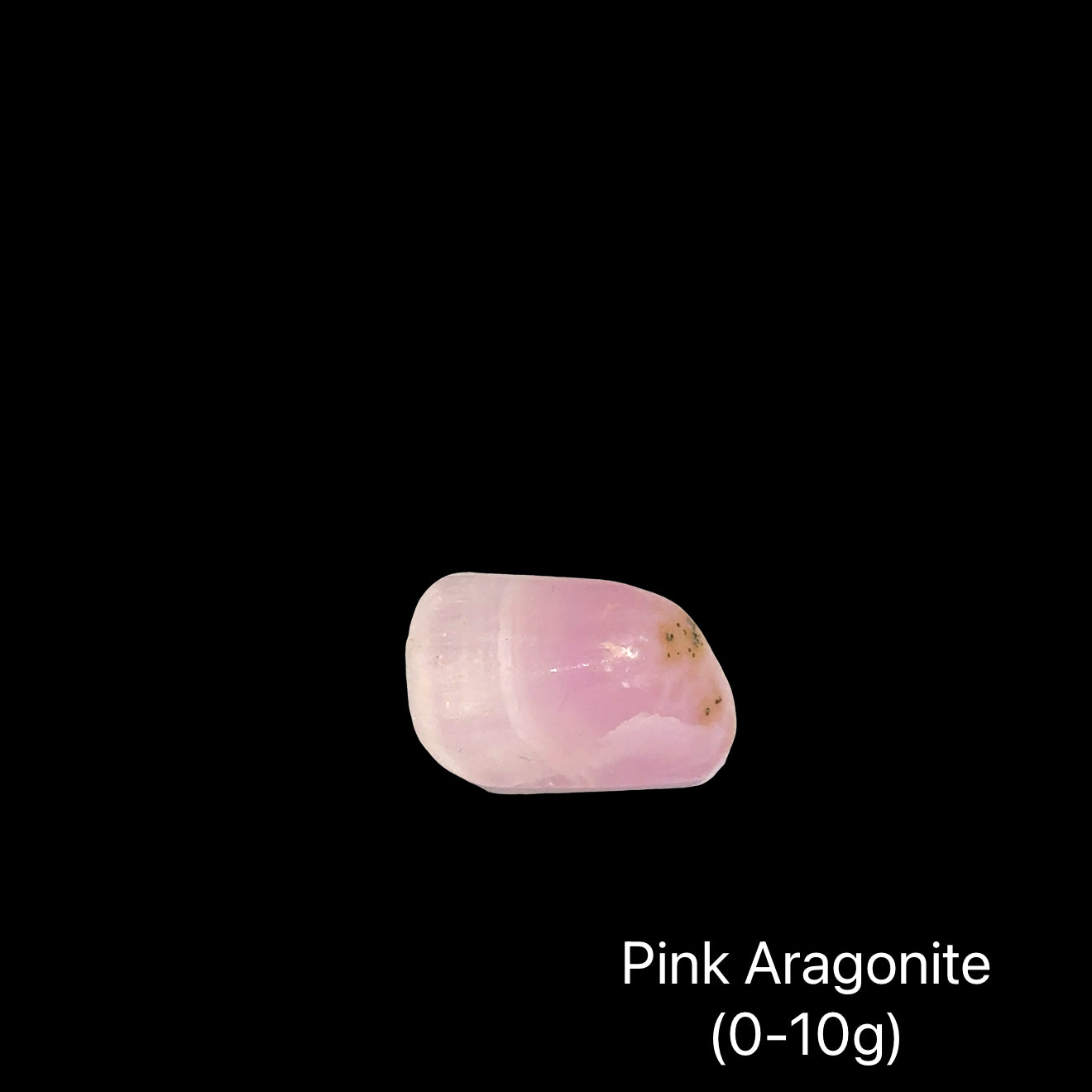 Three pink aragonite stones on a black background with text indicating weight range (0-10g), front view.