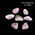 Three pink aragonite stones on a black background with text indicating weight range (11-20g), front view.