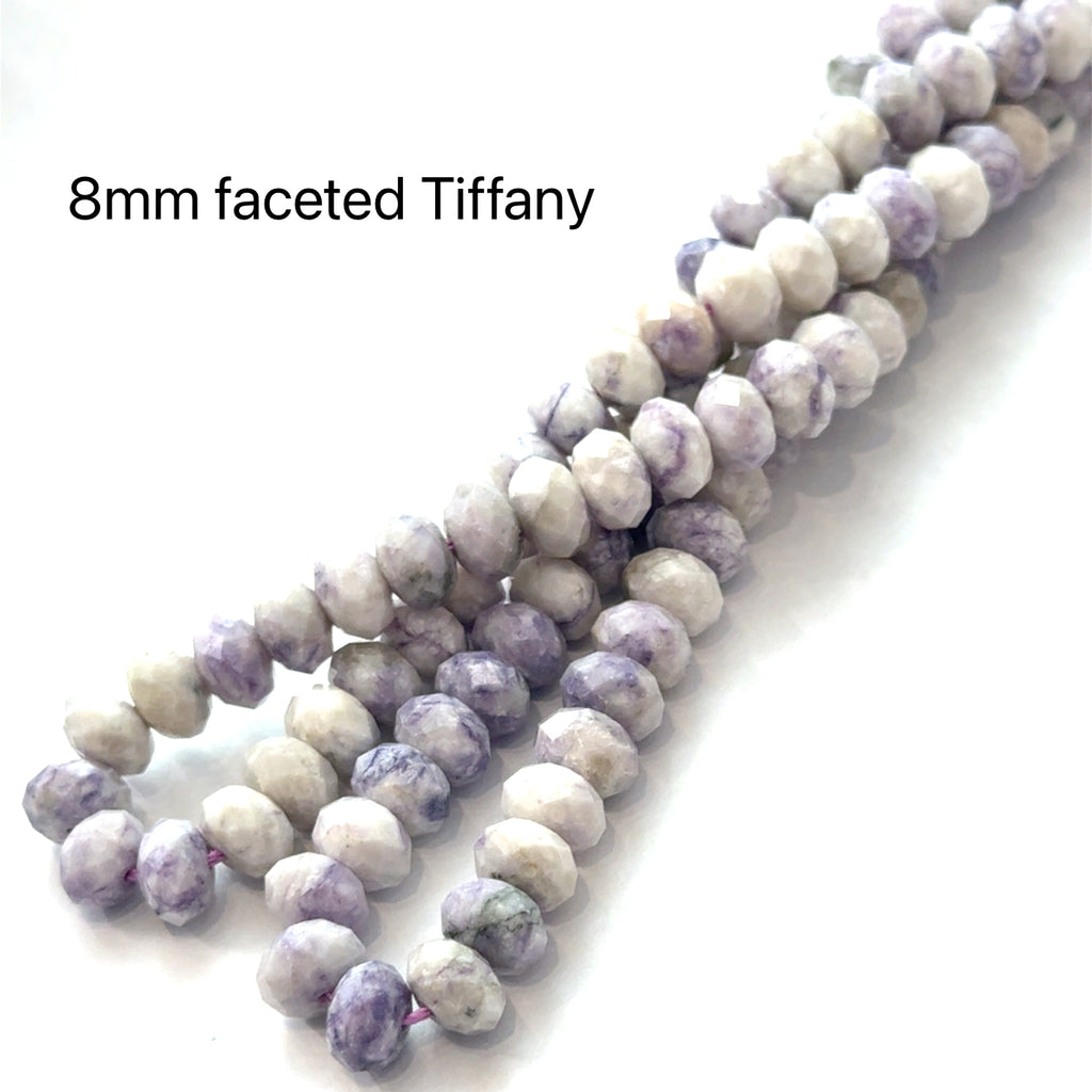 Tiffany Stone Gemstone Strand  8mm faceted roundel on white center overview