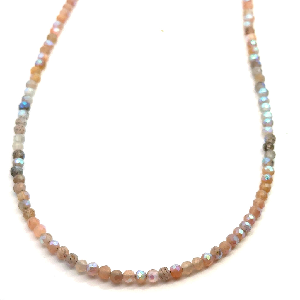 Titanium-Coated Labradorite Necklace on white front long close up over view