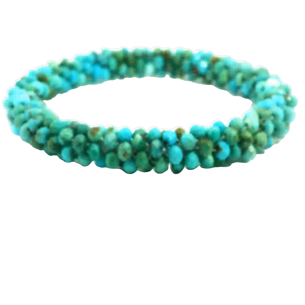 Turquoise Crocheted Gemstone Bracelet/Bangle on white center front overview 