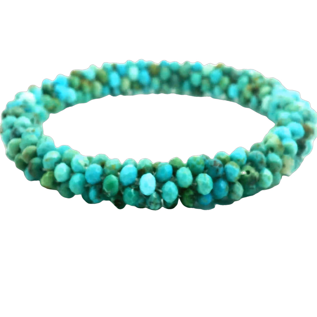 Turquoise Crocheted Gemstone Bracelet/Bangle on white center overview