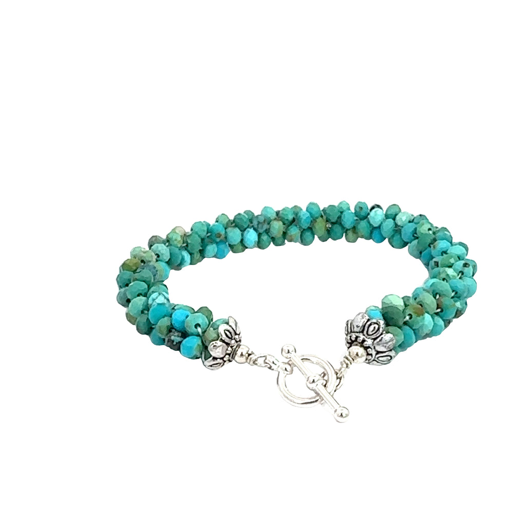 Turquoise Crocheted Gemstone Bracelet on white back overview