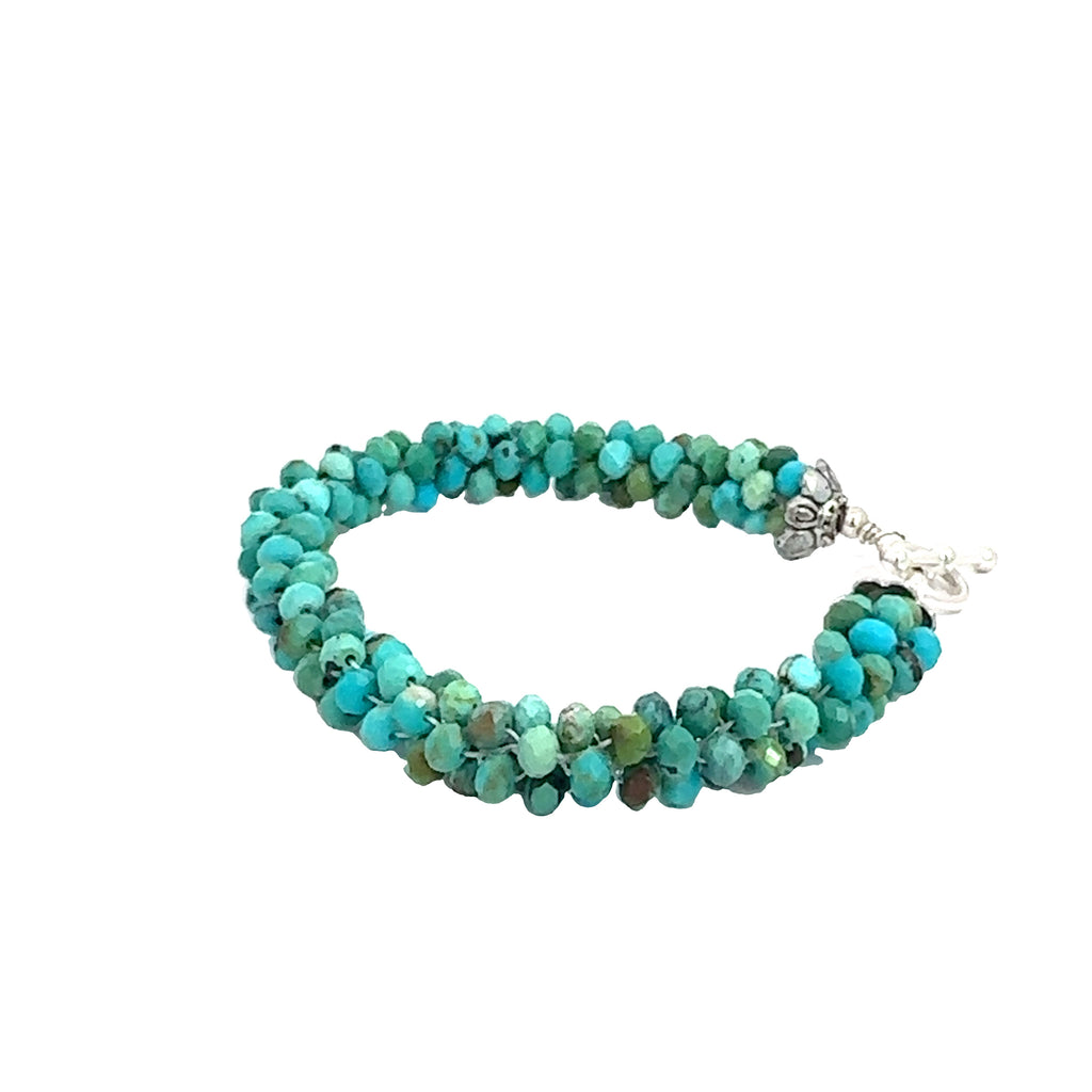 Turquoise Crocheted Gemstone Bracelet  on white center right angled overview