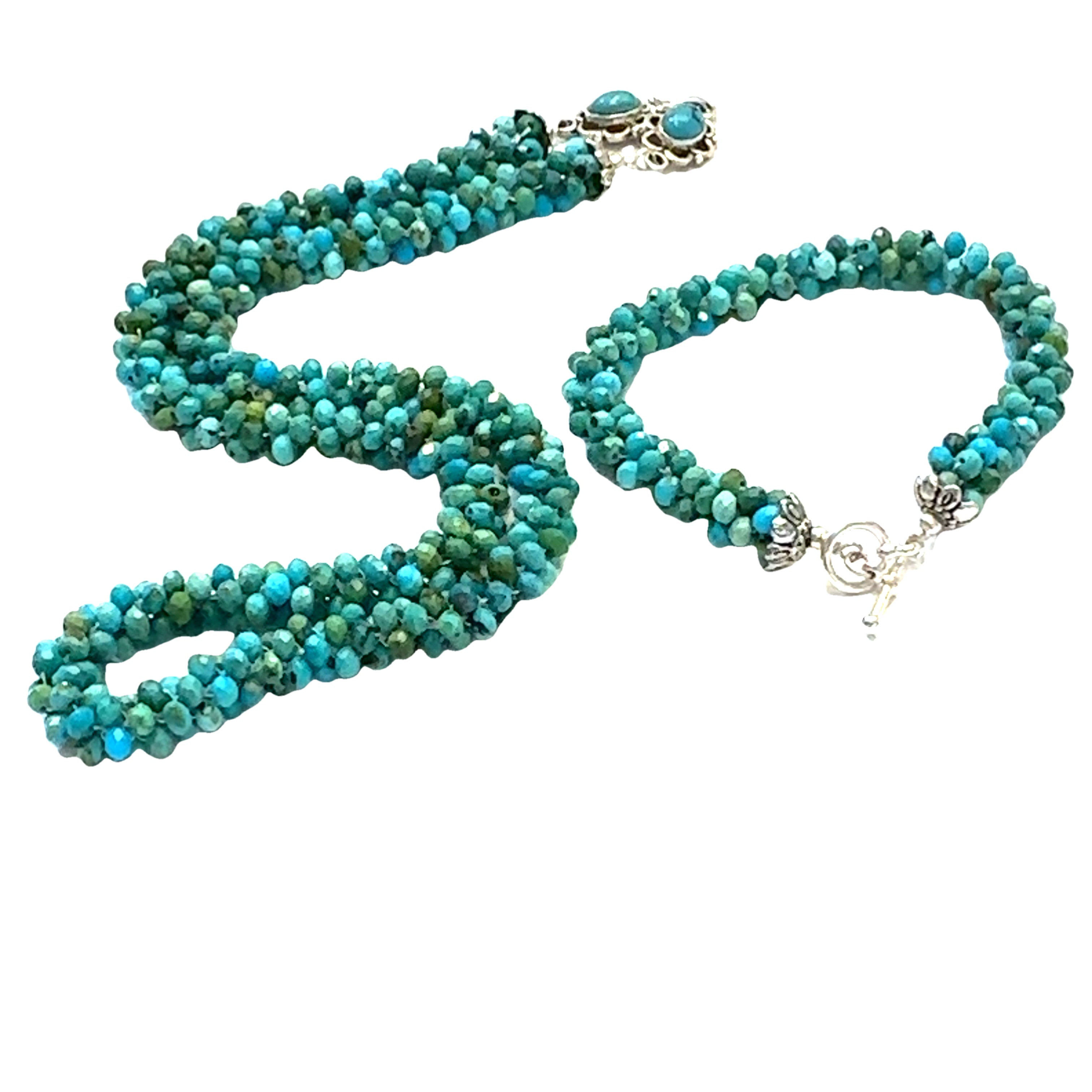 Turquoise Crocheted Gemstone Bracelet with matching necklace on white center overview