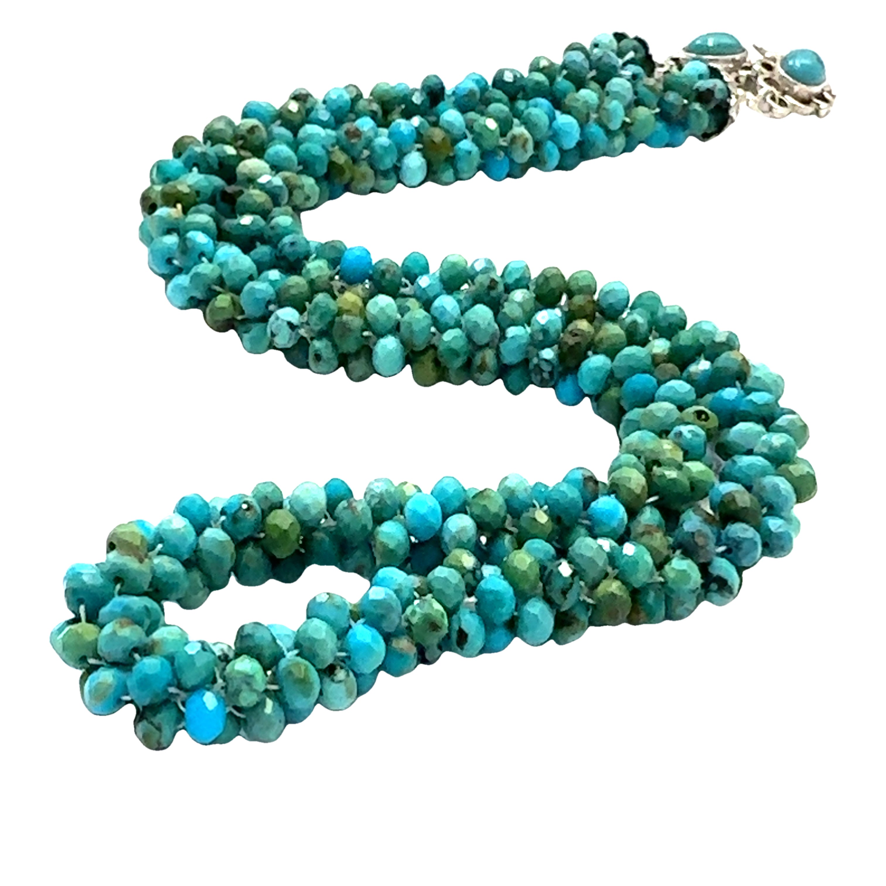 Turquoise Crocheted Gemstone Necklace on white front center long overview 