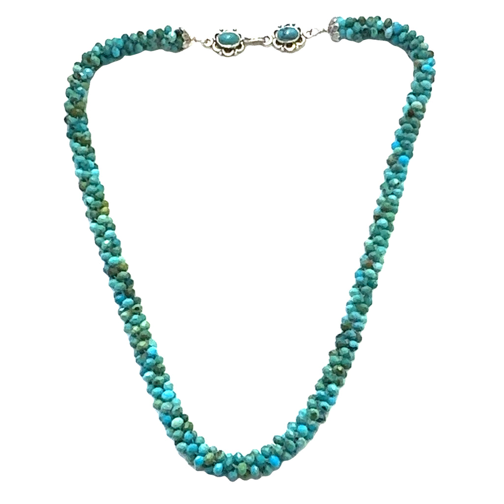 Turquoise Crocheted Gemstone Necklace on white front long overview