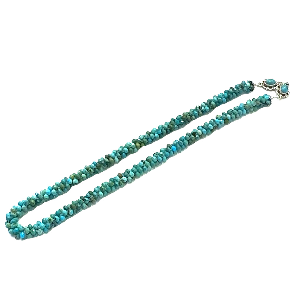 Turquoise Crocheted Gemstone Necklace on white long angled overview 