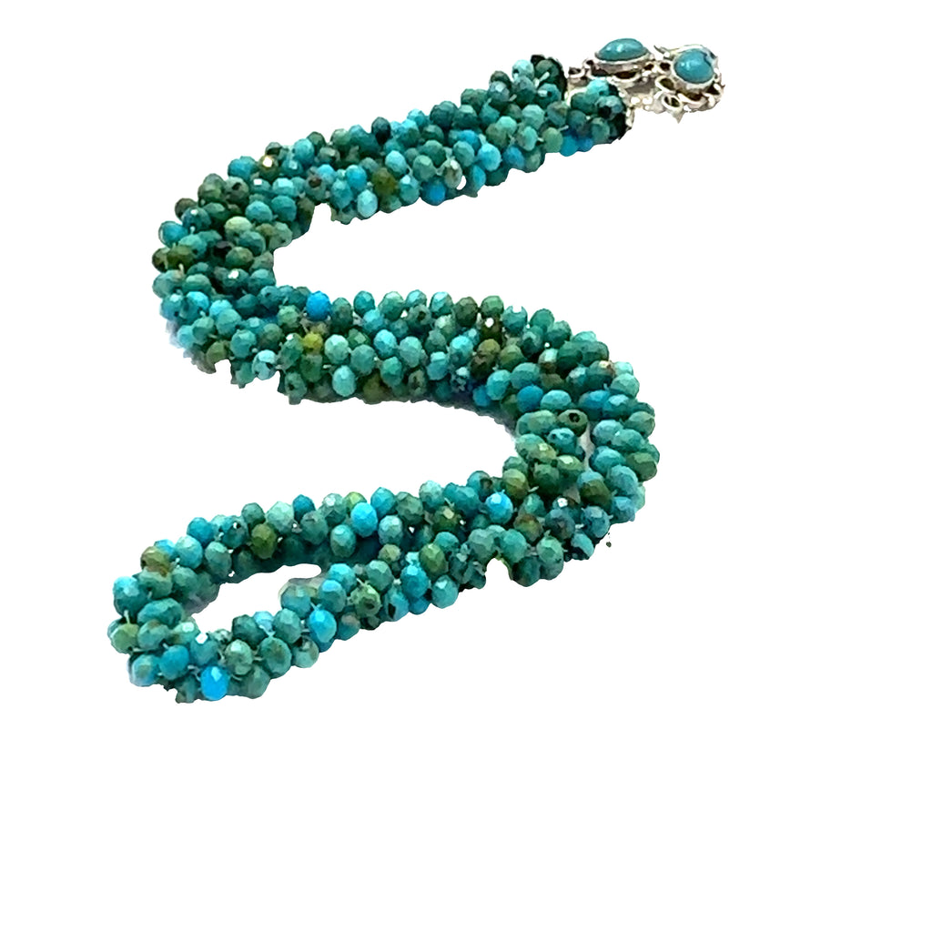 Turquoise Crocheted Gemstone Necklace on white long front overview 