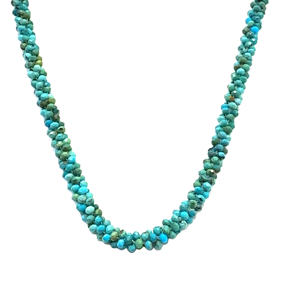 Turquoise Crocheted Gemstone Necklace on white long hanging overview 
