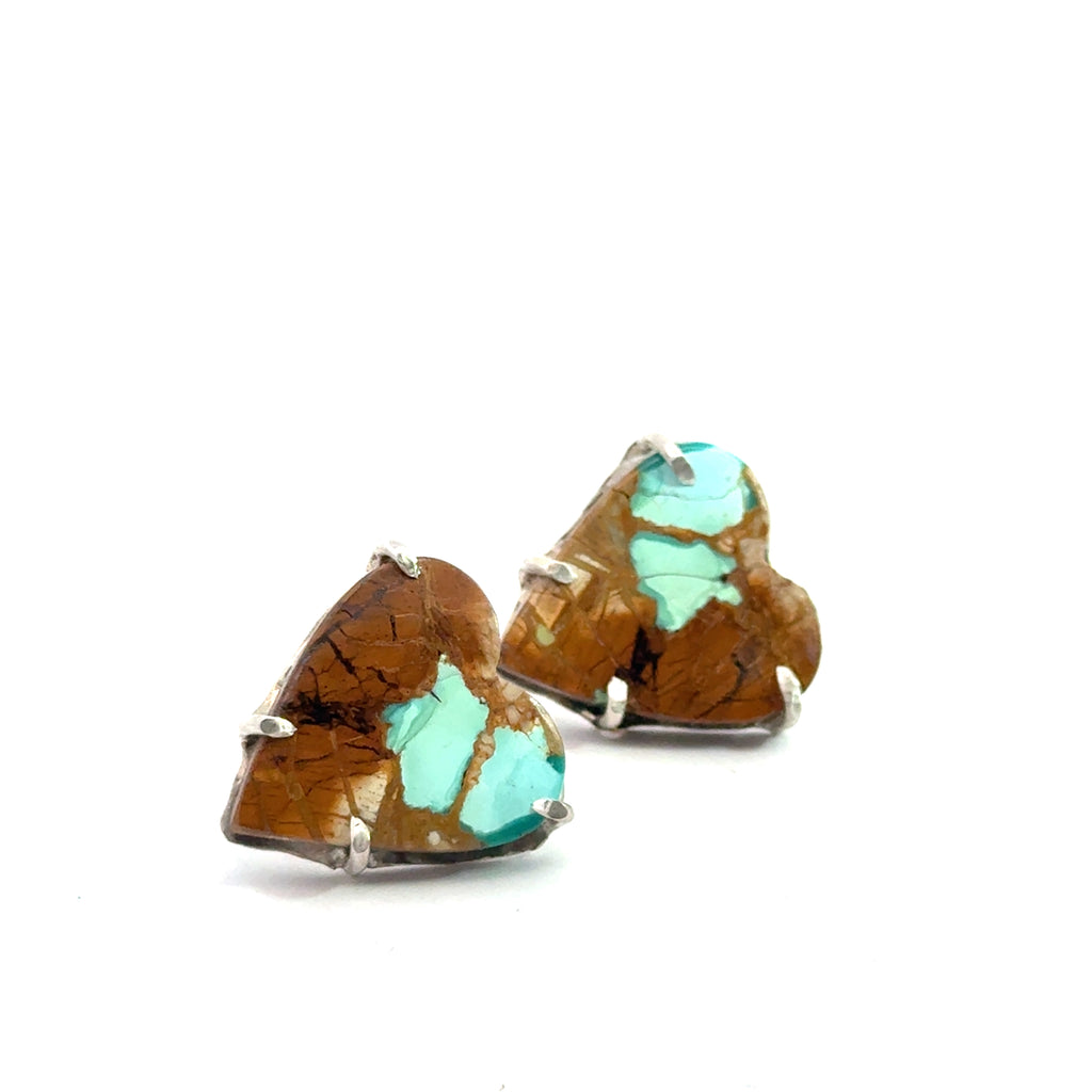 Turquoise and brown stone heart earrings on a white background, right side view.