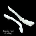 Two Curved selenite crystal wand for energy clearing and meditation on a black background, (21-29g)  front overview. 