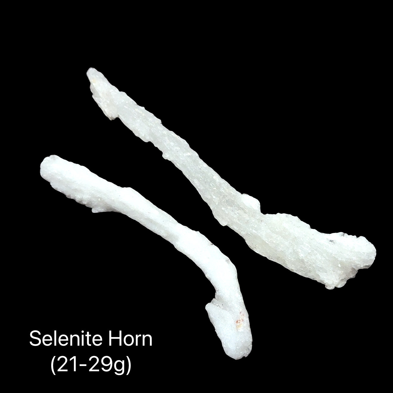 Two Curved selenite crystal wand for energy clearing and meditation on a black background, (21-29g)  front overview. 