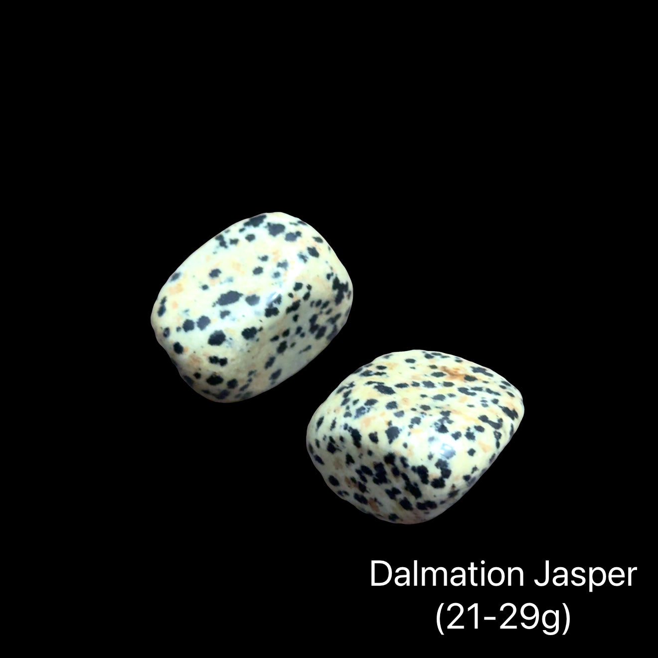 Two Dalmation Jasper stones on a black background with text indicating weight range(21-29g), front view.