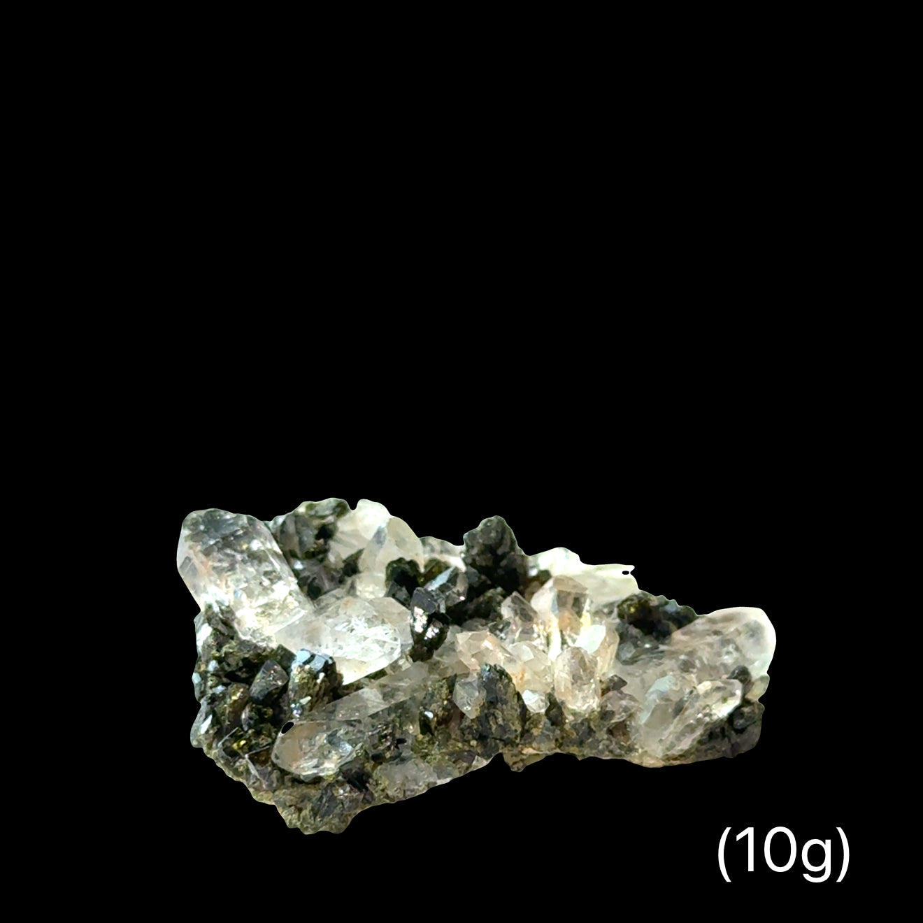Two Epidote Quartz gemstone clusters  (10g) on a black background, front view. 