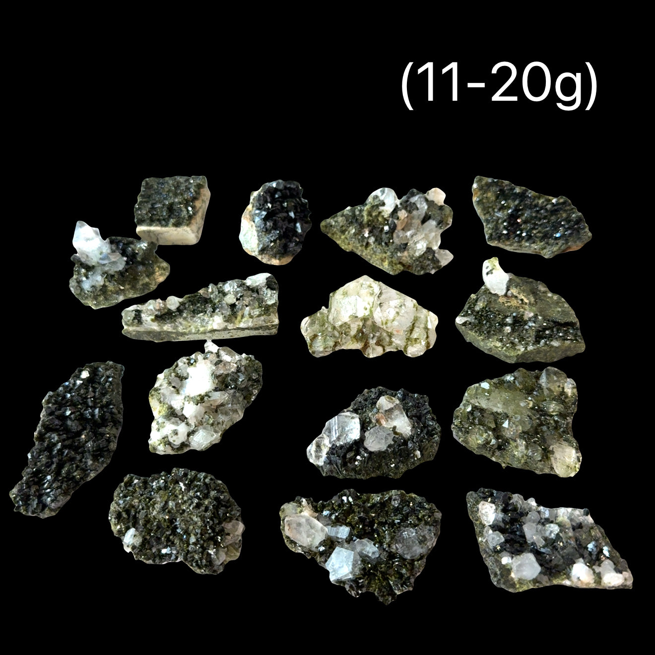 Two Epidote Quartz gemstone clusters  (11-20g) on a black background, front view. 