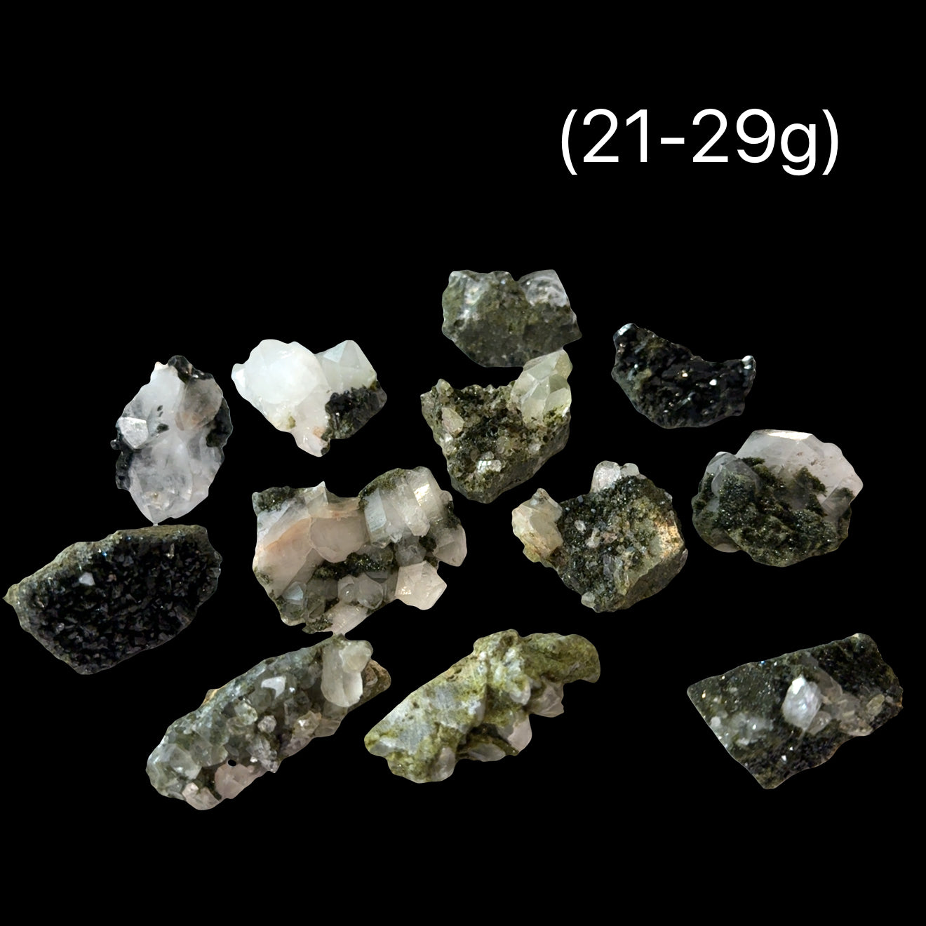 Two Epidote Quartz gemstone clusters  (21-29g) on a black background, front view. 