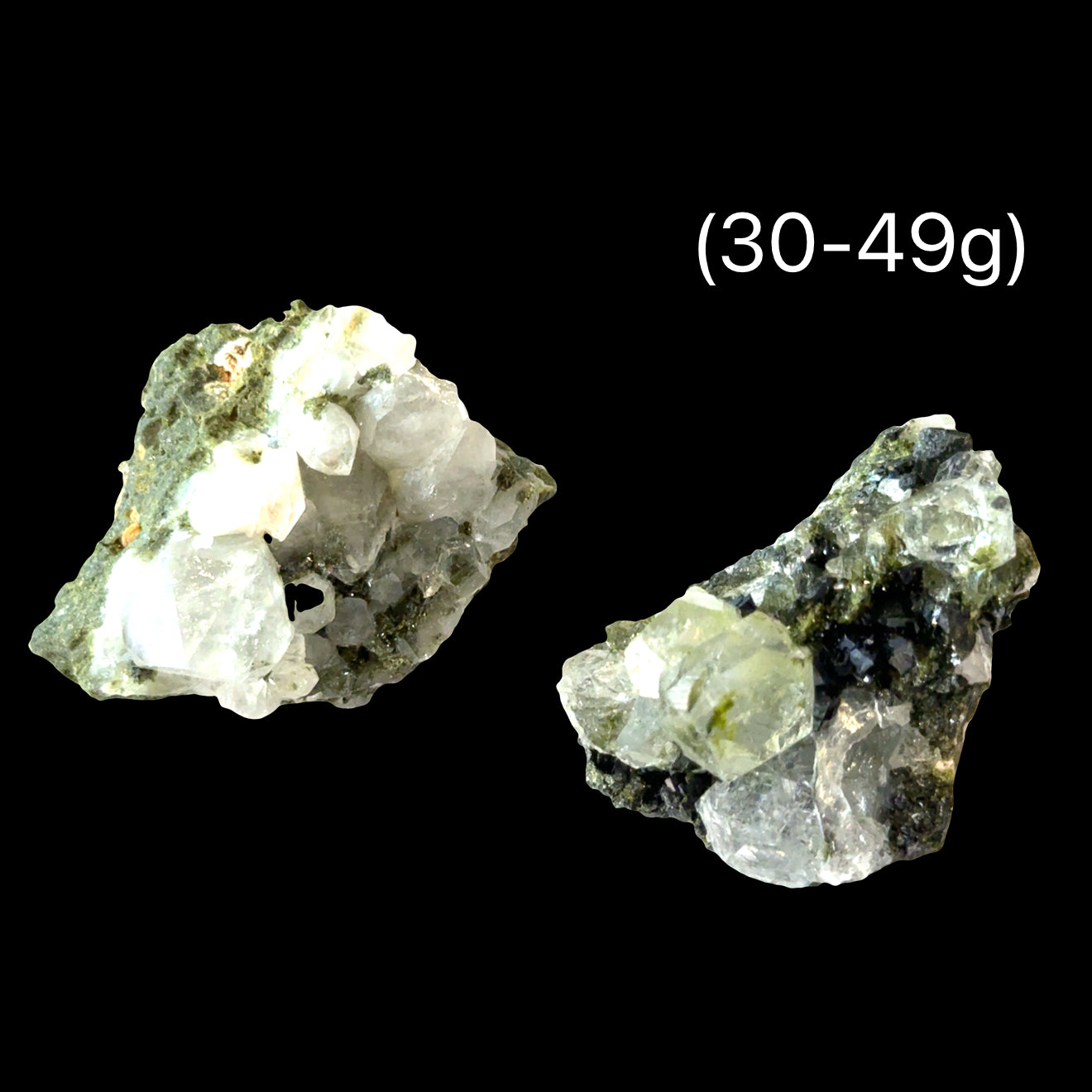 Two Epidote Quartz gemstone clusters  (30-49g) on a black background, front view. 