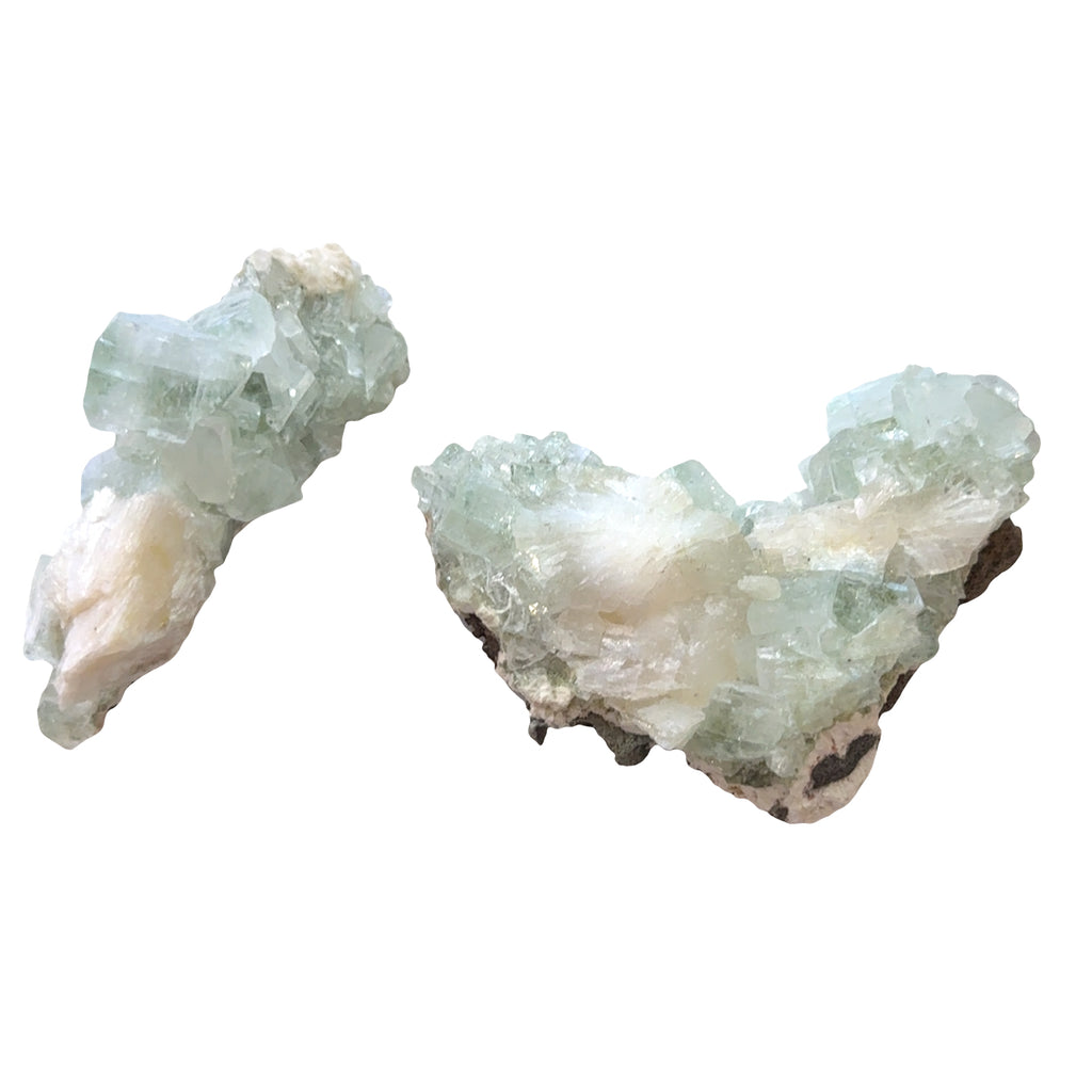 Two Green apophyllite crystal cluster with pyramid terminations for heart chakra healing third eye activation and spiritual vision with angelic connection energy on a white background, front view.