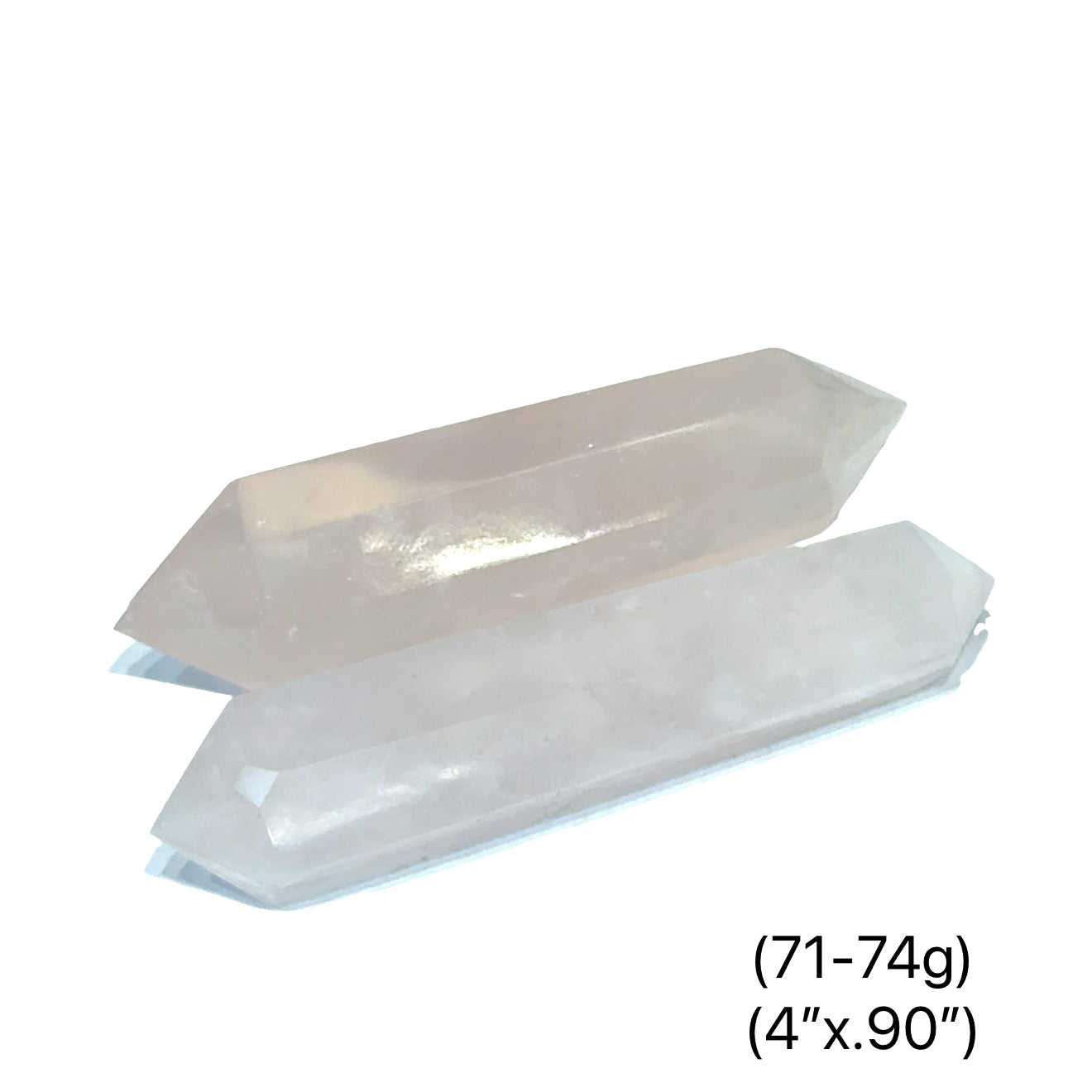 Two Natural pink rose quartz double terminated crystal point for heart healing, on a white background, front view. (71-74g)